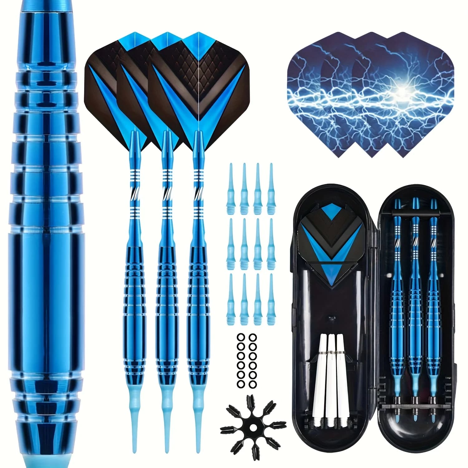 Soft Tip Darts Kit 3 Colors Available Non‑Slip Grooved Barrels Lightning Dart Flights Replacement Soft Tips Complete Accessories