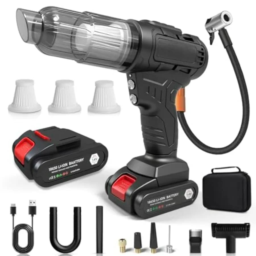 Aspirapolvere e compressore d'aria per auto senza fili 2 in 1, potente aspirazione 5000PA e gonfiatore per pneumatici con spegnimento automatico 150PSI, con 3 filtri, LED