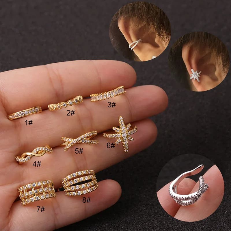 Adjustable clip earring with cubic zirconia, fake elice shell earring, hypoallergenic (Silver / Gold)