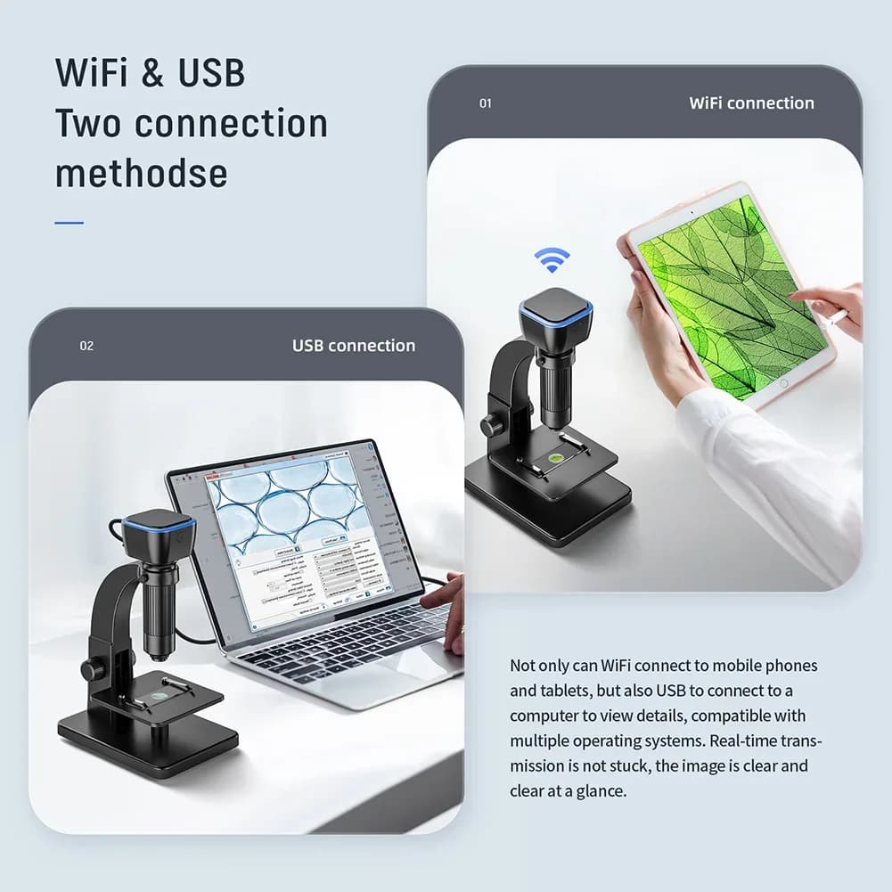 Microscopio digitale Wifi Doppia lente Ingrandimento 2000X Microscopio biologico HD 4K 2MP con 11 luci a LED per PC IOS Android