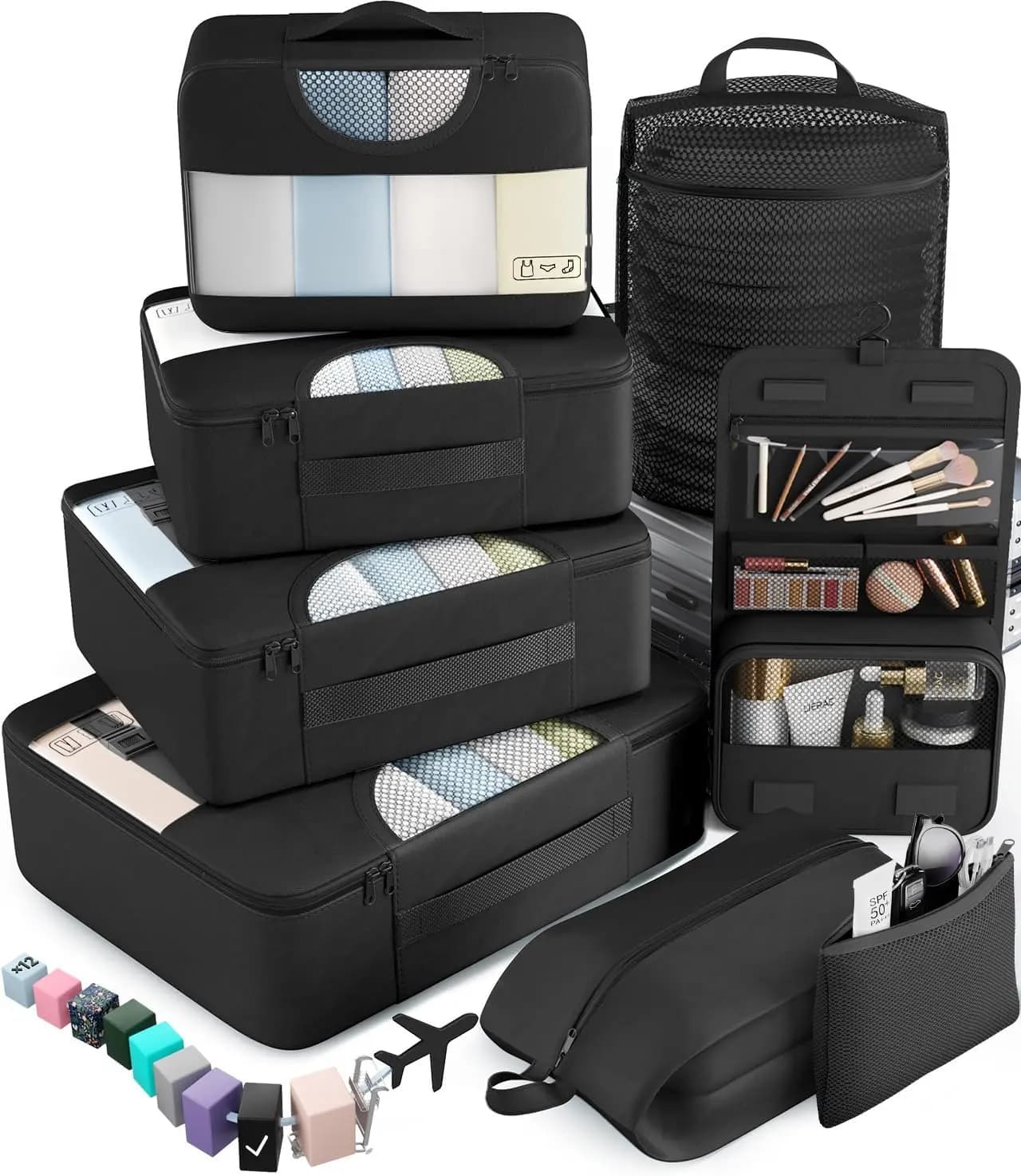 Set di 10 Cubi Organizzatori da Viaggio con Borsa per Lavanderia e Articoli da Toilette, Organizer per Valigie e Bagagli a Mano