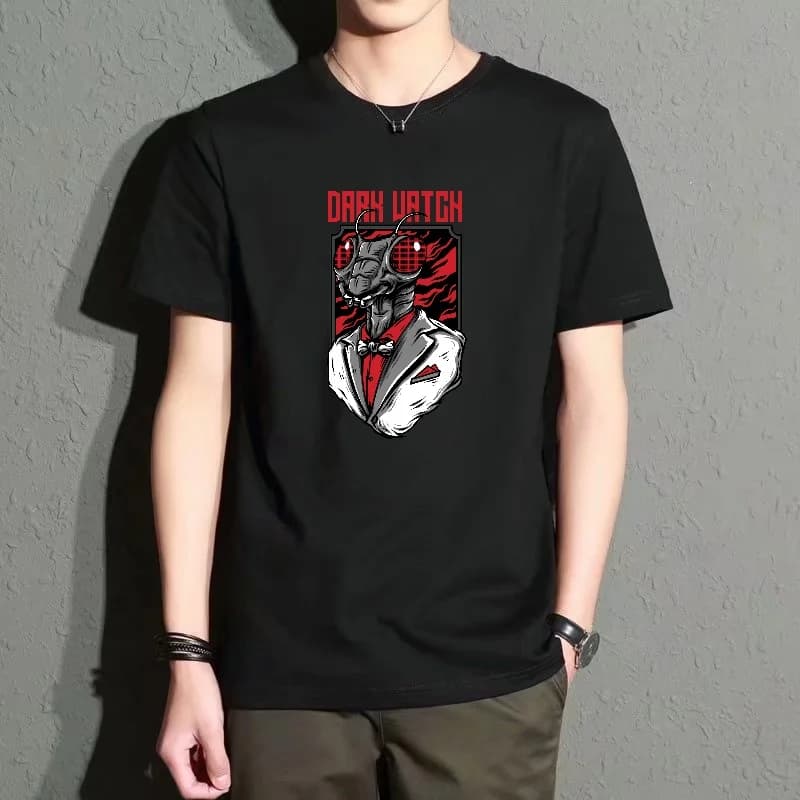 Men's Black Round-Neck Short-Sleeved T-Shirt, Trendy Cartoon Print Top, Casual Loose Fit, Versatile for Everyday Wear, Comfortable and Breathable Street Style