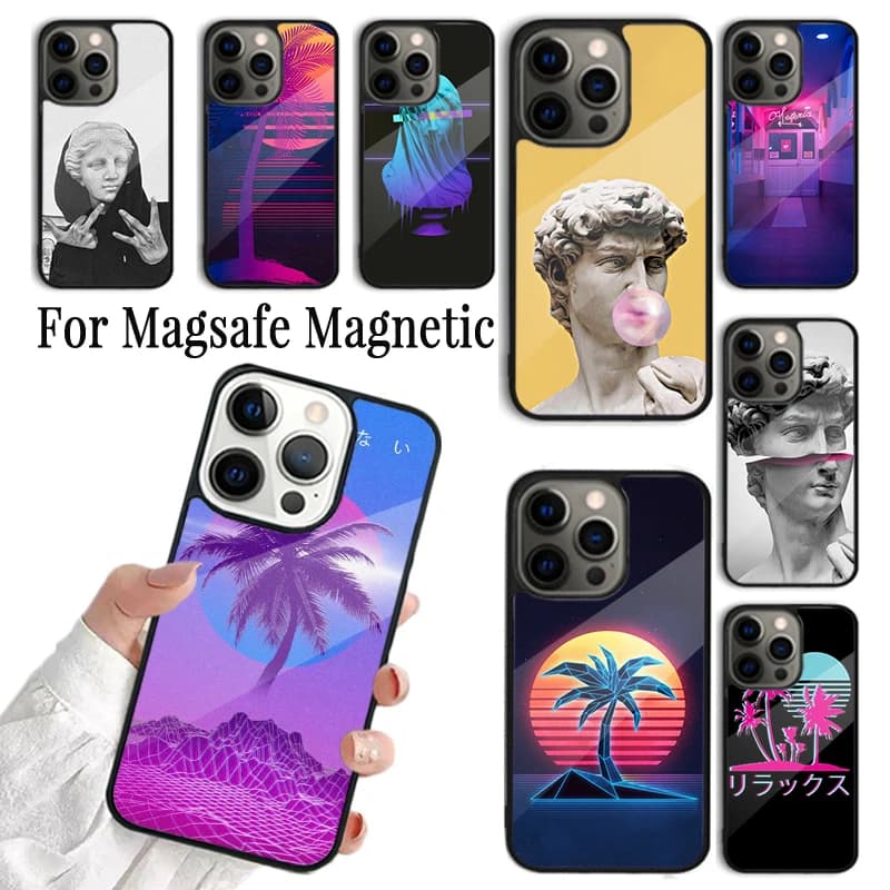 Cover per iPhone con design Neon Vaporwave per iPhone 17 AIR 16 15 14 13 12 11 Pro Max Plus, compatibile con ricarica wireless e MagSafe