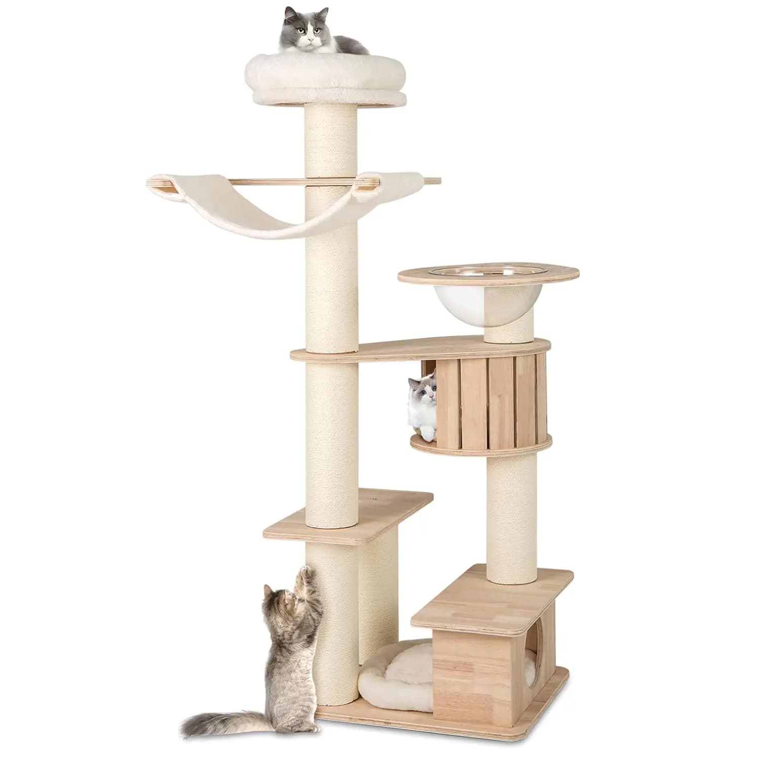 Albero per Gatti in Legno da 69 Pollici, Torre Multi-Livello con Pali da 5,7 Pollici, Doppie Cuccette, Capsula e Amaca, per Interni, Naturale, Personalizzabile
