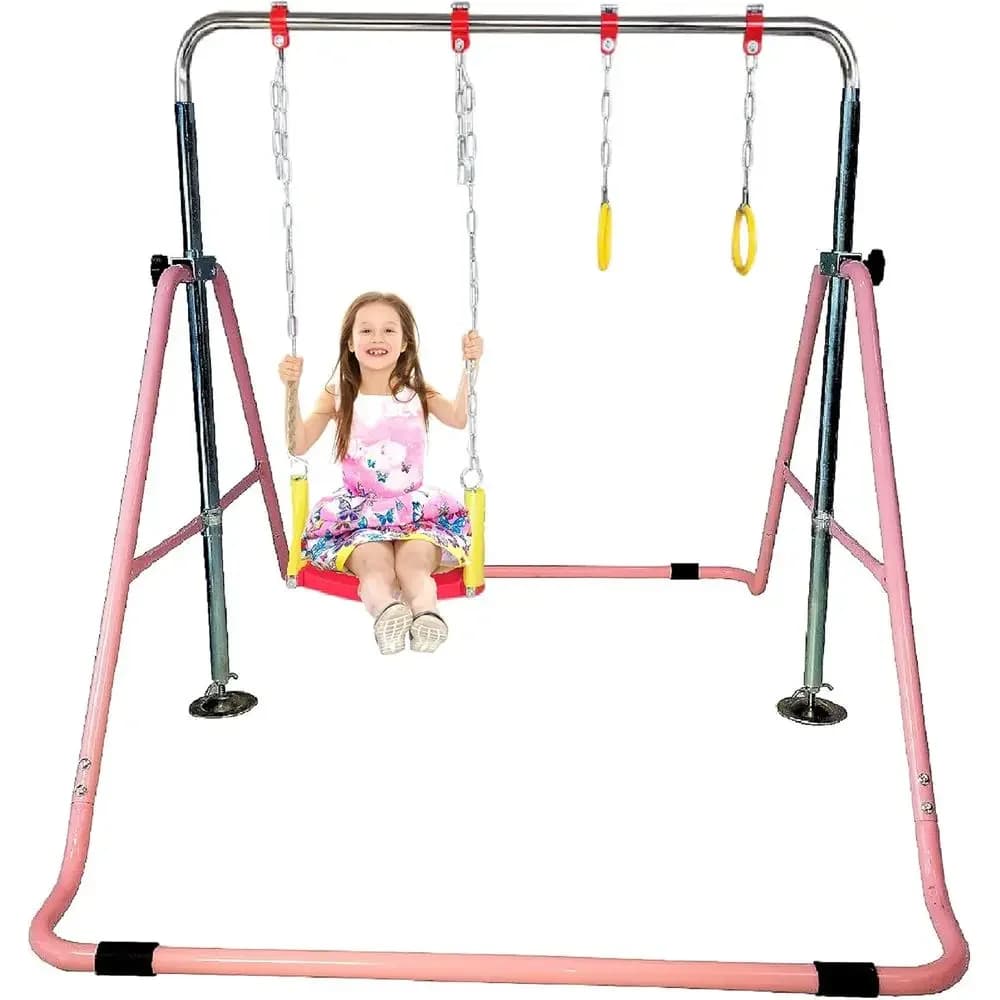Set da allenamento per ginnastica junior con barre orizzontali, torre per arrampicata, barra per trazioni, seggiolino a dondolo e anelli trapezoidali in rosa