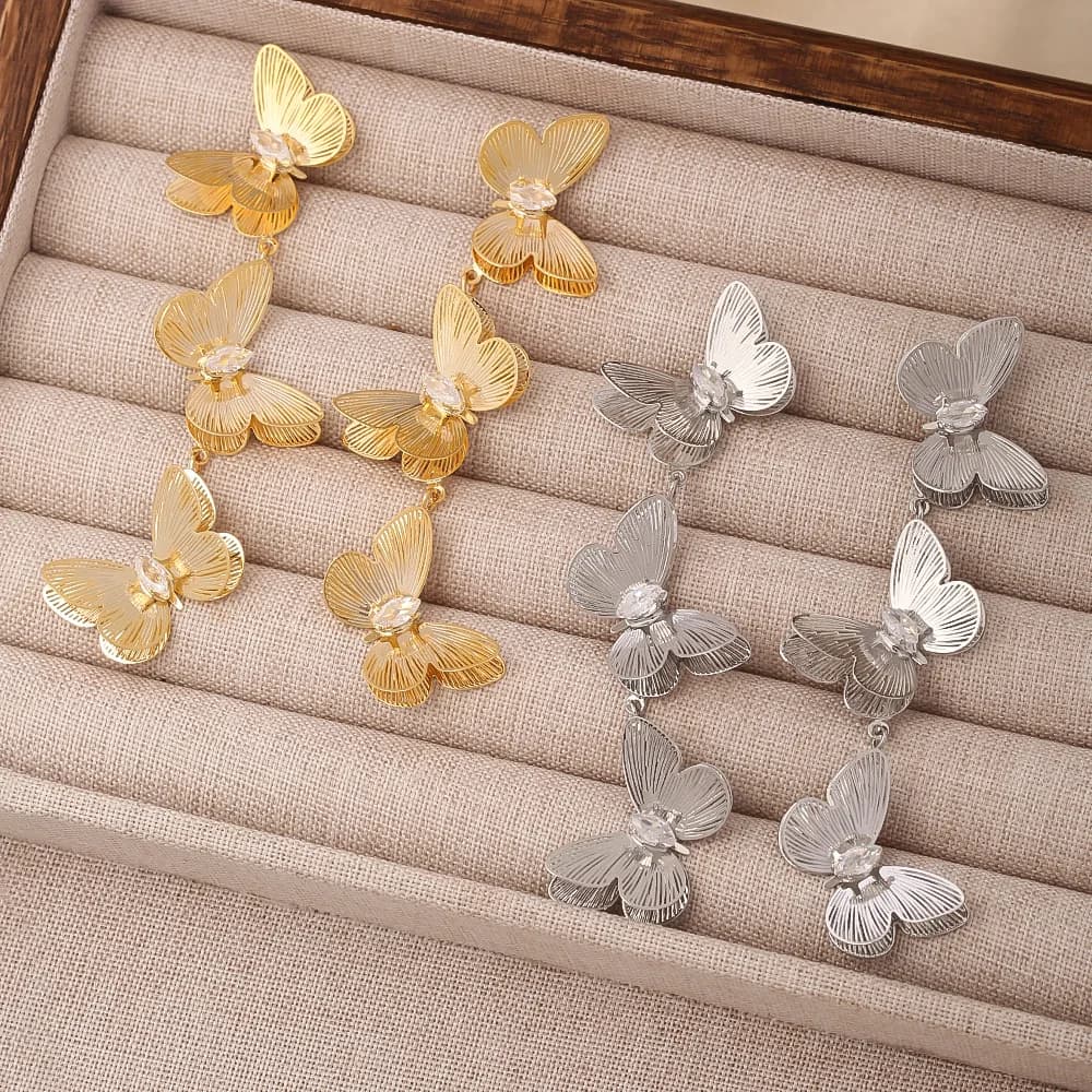 High-end light luxury zircon earrings butterfly tassel earrings for women copper-plated real gold temperament versatile earrings