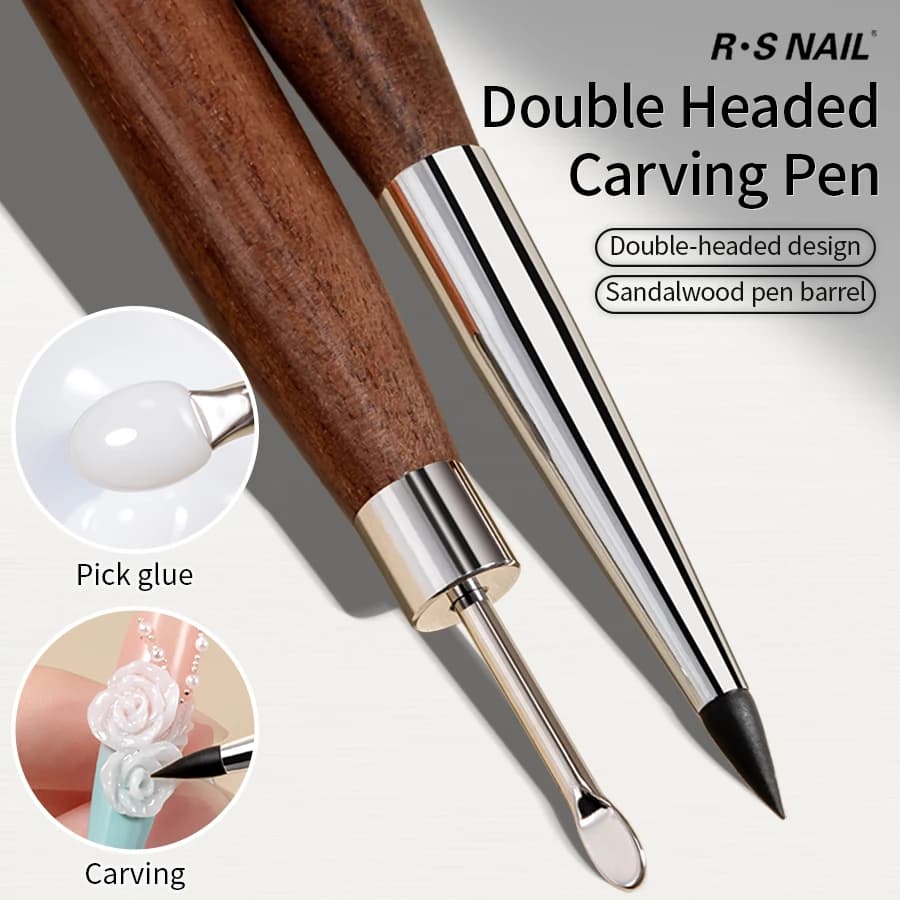 RSNAIL 1/2PCS Pennello per nail art a doppia testa in legno Penna per intaglio in silicone Forniture per unghie Penna per pittura con fiori per intaglio per strumento per nail art