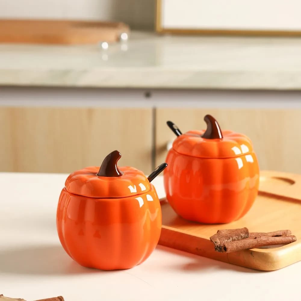 Set creativo di barattoli di condimento in ceramica di zucca con cucchiaio, sale, zucchero, pepe, contenitore per olio commestibile, forniture da cucina