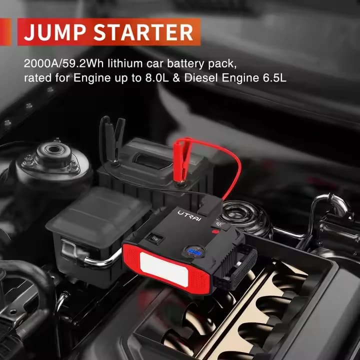 2000A Jump Starter Strumenti di emergenza per veicoli con pompa d'aria Powerbank Jumpstart con gonfiatore per pneumatici a luce LED Fabbrica OEM