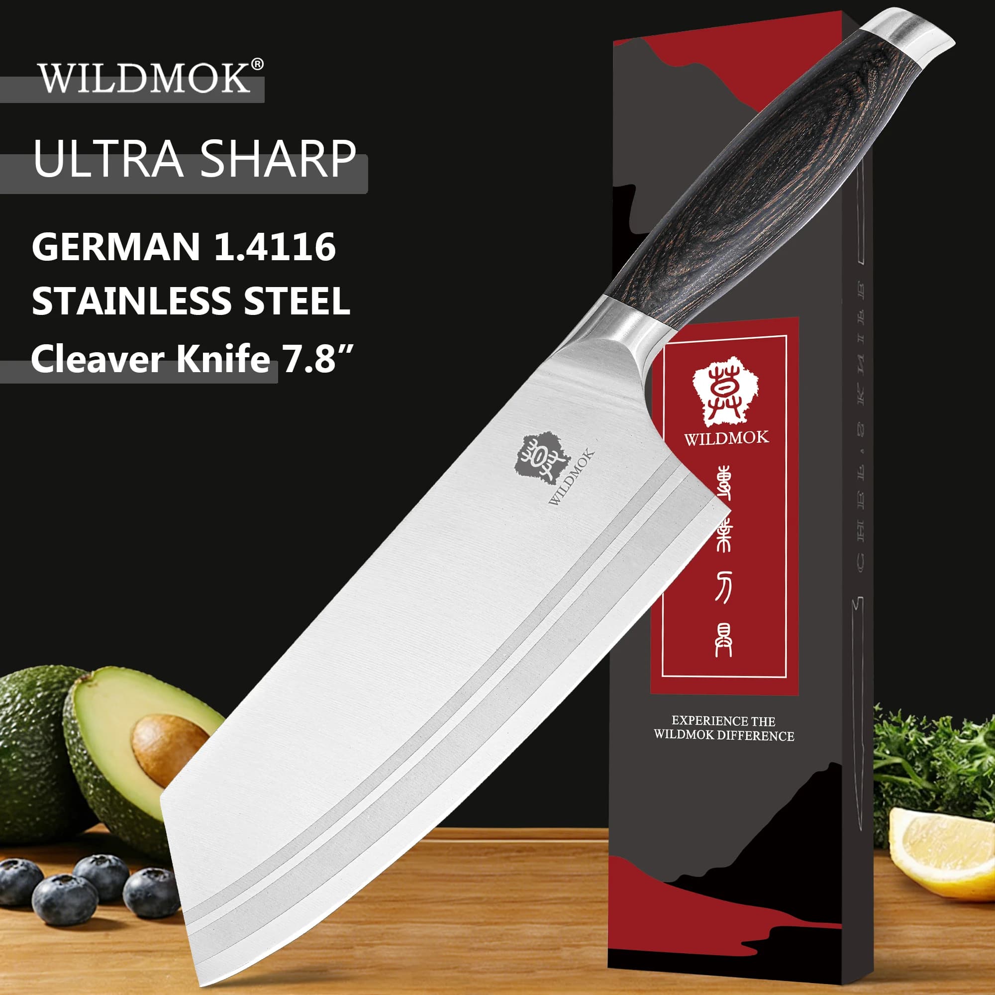 Professional kitchen knife WILDMOK 7.8 inch, German steel, Chinese sharp knife for meat with wooden handle Pakkawood