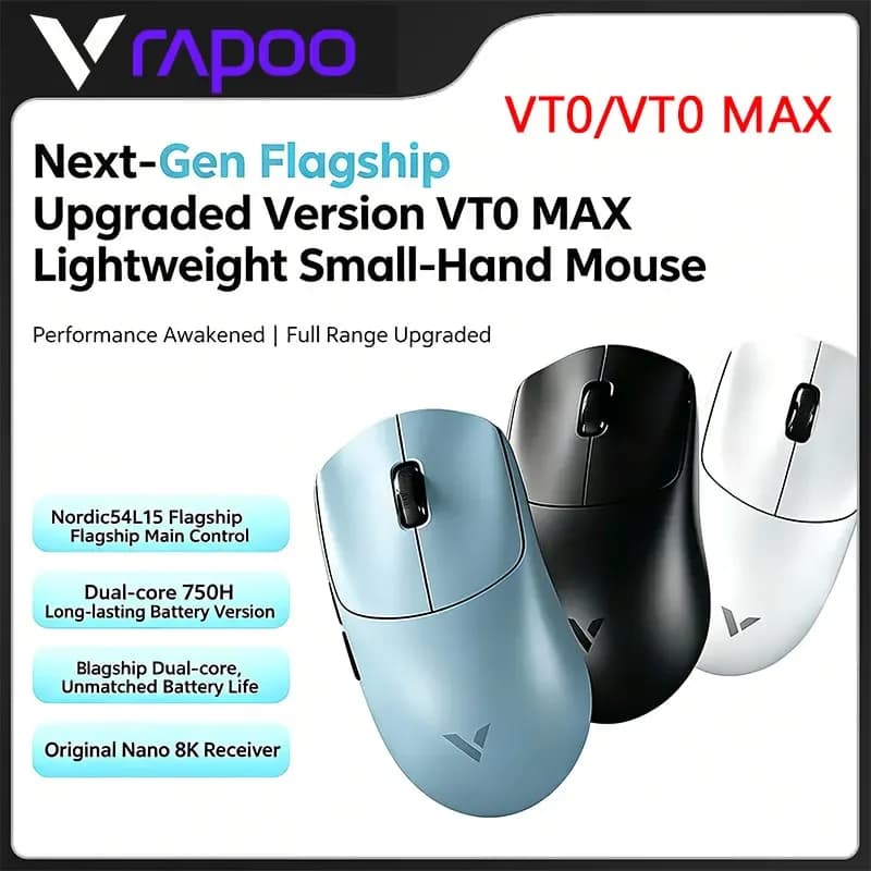 Mouse da Gaming Wireless Rapoo VT0 MAX con Chip PAW3950 PAW3398 Nordic54L15, Doppio Sensore 8KHz 45000DPI, Mouse Ergonomico per FPS e PC Gamer