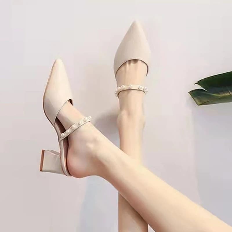 Women's Vintage Pointed Toe Mules Chunky Block Heel Slip-On Sandals Elegant Office Commuter Shoes