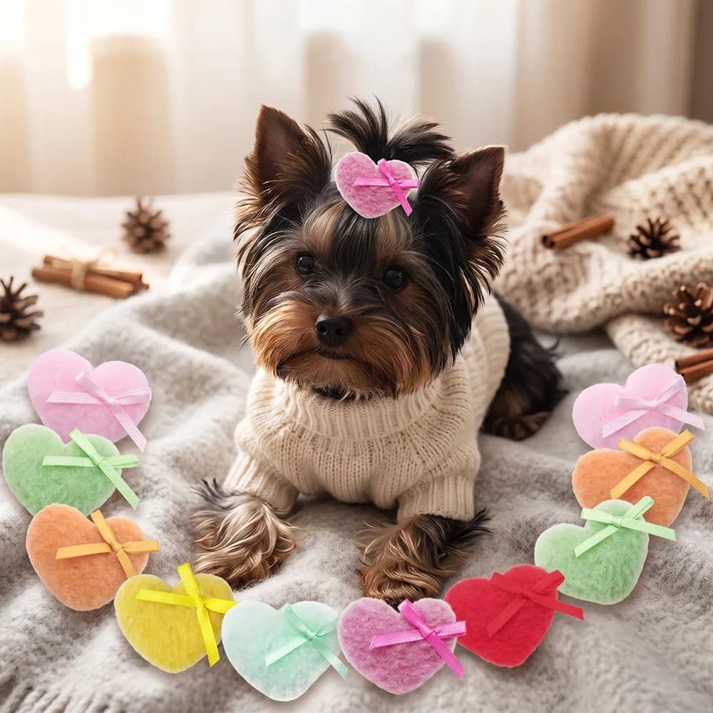50PCS Fluffy Heart Pet Hair Bows Plush Puppy Grooming Hair Cute Dog Bows For Small Dogs Yorkshire Pet Grooming Accessories