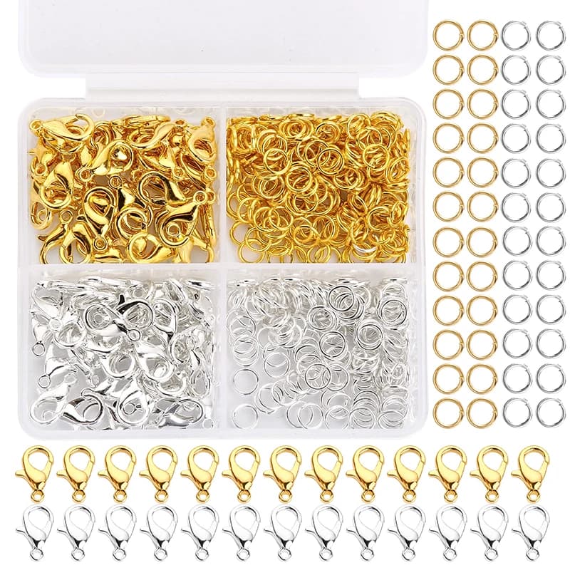 Kit per la creazione di gioielli da 300 pezzi Chiusure a moschettone durevoli e anelli di salto con scatola di immagazzinaggio per forniture di braccialetti per collane a catena fai-da-te Connect