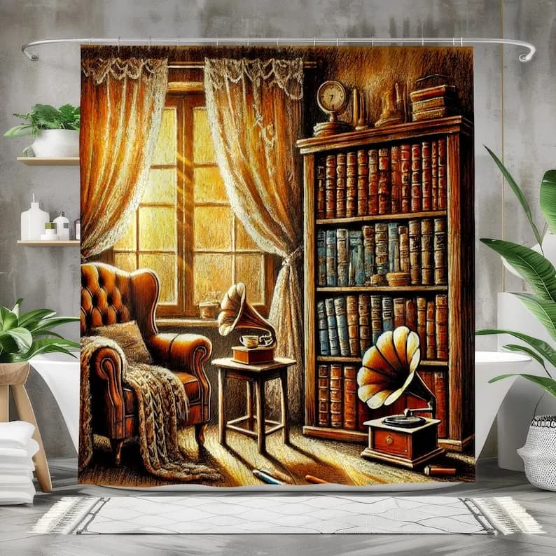 Tenda da doccia vintage per biblioteca: accogliente arredamento per angolo di lettura, bagno antico per gli amanti dei libri, estetica rustica per lo studio, regalo letterario
