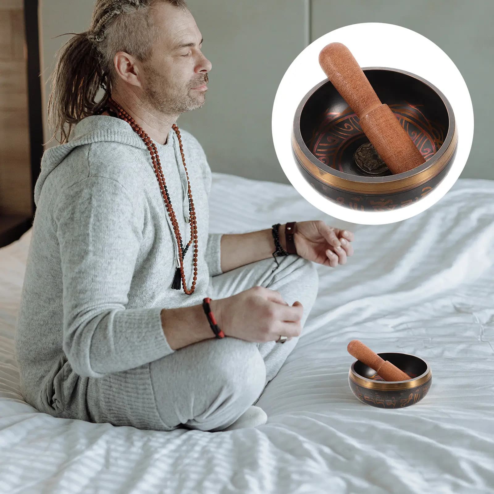 1Set Tibetan Copper Singing Bowl 11.5cm Meditation Sound Bowl for Yoga Relaxation with Wooden Mallet Accessory