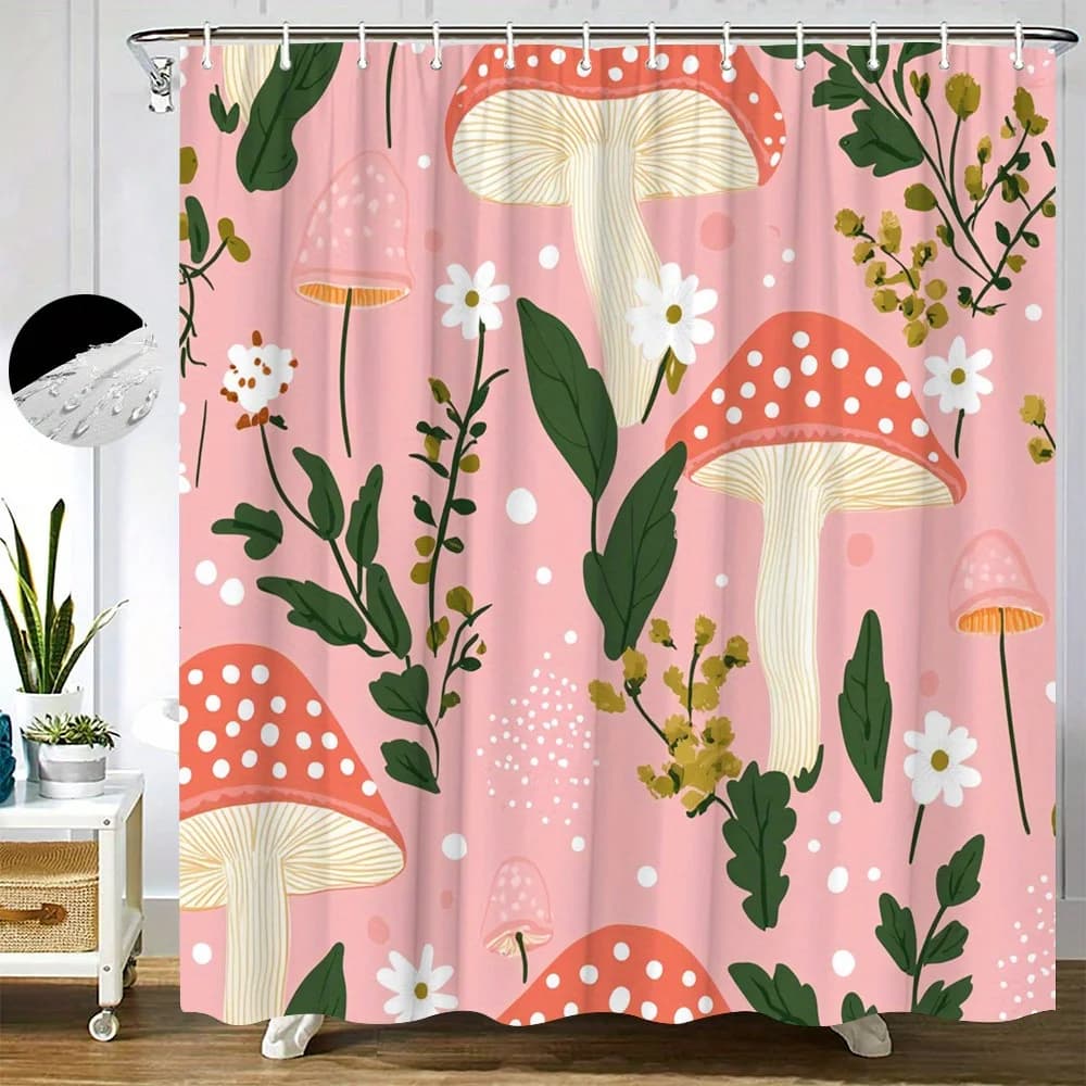 Tenda da Doccia Fantasiosa con Funghi, Sfondo Rosa con Fungini Rossi a Pois, Fiori Bianchi e Foglie Verdi, in Poliestere Impermeabile