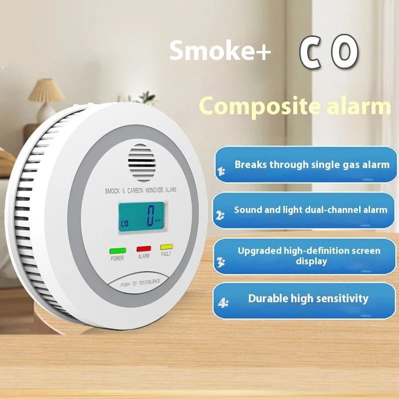Rilevatore di allarme CO e fumo con display LCD 2 in 1, doppio sensore ad alta sensibilità per cucina domestica, allarme 90 dB