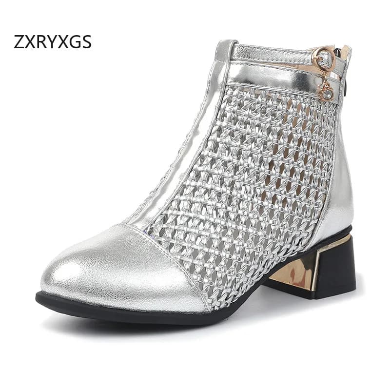 ZXRYXGS Stivali Estivi in Pelle Intrecciata, Sandali alla Moda Nuovi 2026, Stivali Eleganti con Tacco Medio per Donna, Taglie Grandi, Stivali Trendy