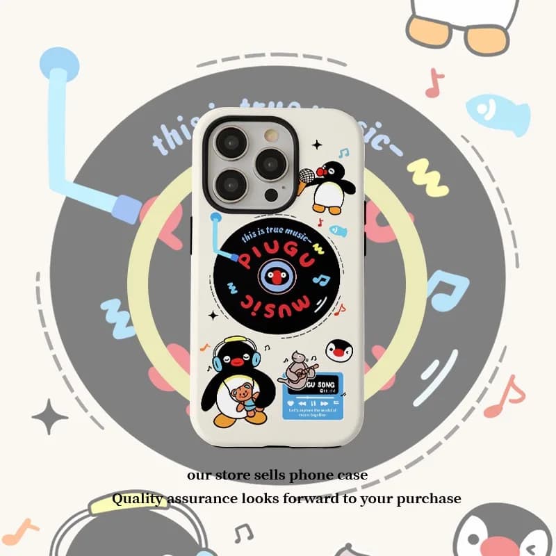 Beige Pinguino Ascolto Musica Cartoon Marmo Modello Custodia per IPHONE 16 Pro 15 14 13 12 11 Acrilico TPU Due in Uno Custodie per telefoni