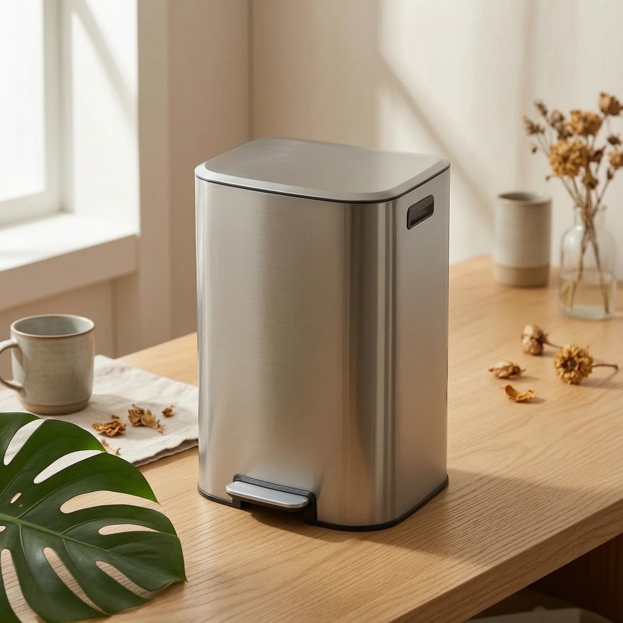 Removable Liner Trash Can Side Handle Stainless Steel Trash Can Wastebasket Rust Resistant Household Storage for Office