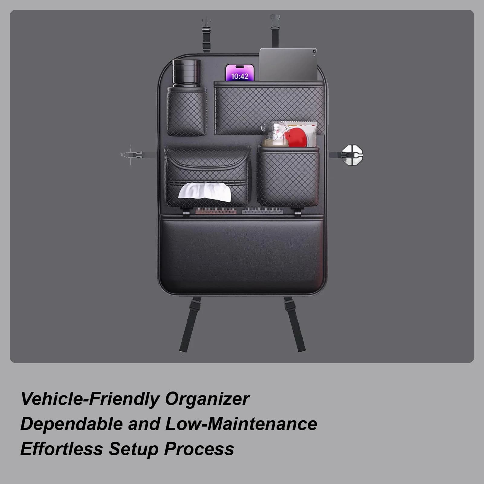 Organizer per sedile posteriore per auto, borsa portaoggetti per sedile posteriore per veicolo, custodia salvaspazio, design regolabile per occhiali da sole con bottiglia d'acqua