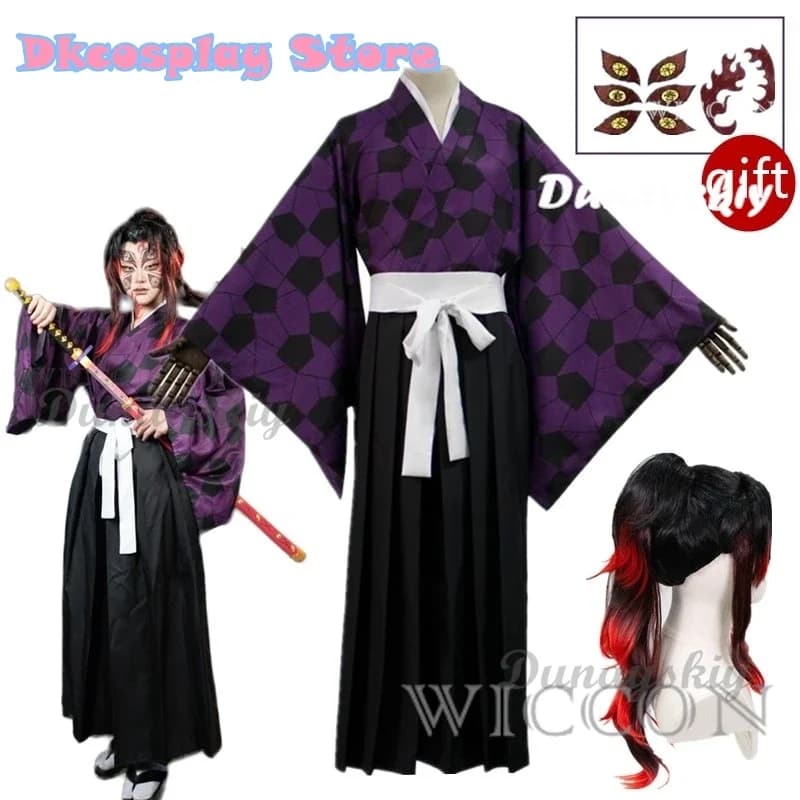 CosplayKokushibo Costume Cosplay Parrucca Anime Cosplay Kimono Viola Tsugikuni Michikatsu Parrucca Festa Demone Gioco di Ruolo Abiti Carnaval