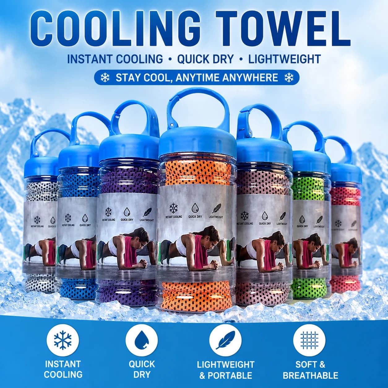 Cooling Towel with Portable Bottle Quick Dry Sports Towel Ice Cooling Towel for Gym Running Fitness Yoga Travel