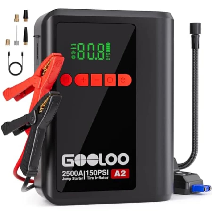 Avviatore di Emergenza A2 8-in-1 con Compressore d'Aria, Booster per Batteria Auto fino a 8L Benzina/6L Diesel, Gonfiatore Pneumatici Senza Fili con Spegnimento Automatico 150 PSI