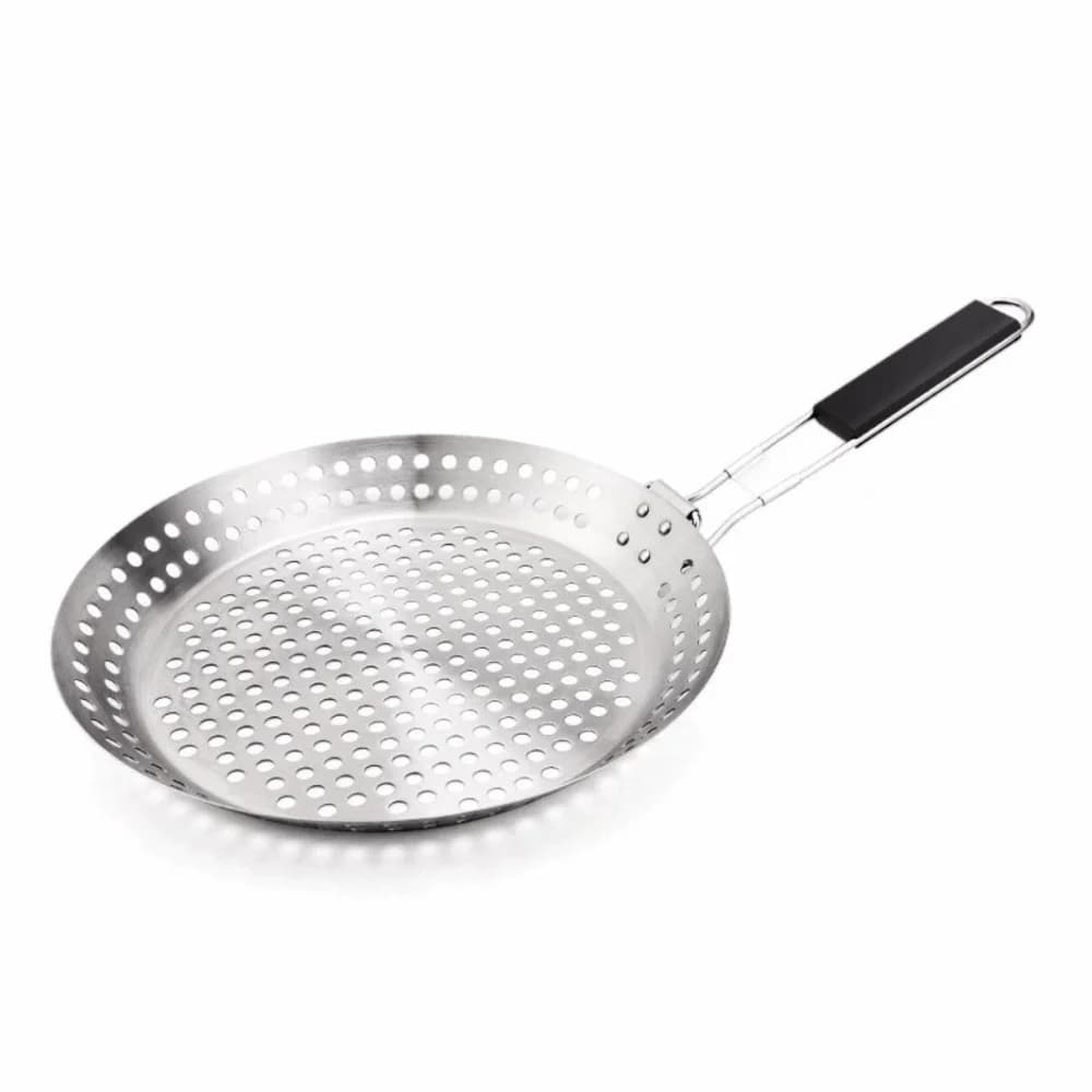 Cestello per Grigliare Verdure in Acciaio Inox, Pieghevole con Manico in Legno, Piastra Circolare Antiaderente per BBQ e Picnic