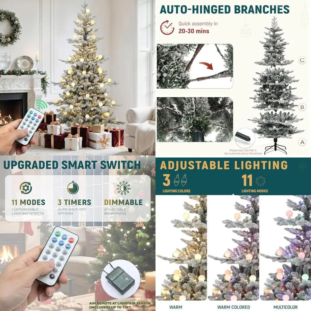 Albero di Natale a strati floccati preilluminati da 6 piedi con telecomando, design incernierato, 1338 punte miste di rami in PE e PVC per un festivo