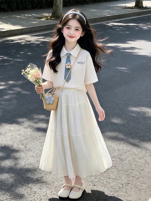 Girls Summer Outfit 2026 New Style Half Skirt Short Sleeve Two-Piece Set Trendy Children's Clothing Casual Sportswear Set