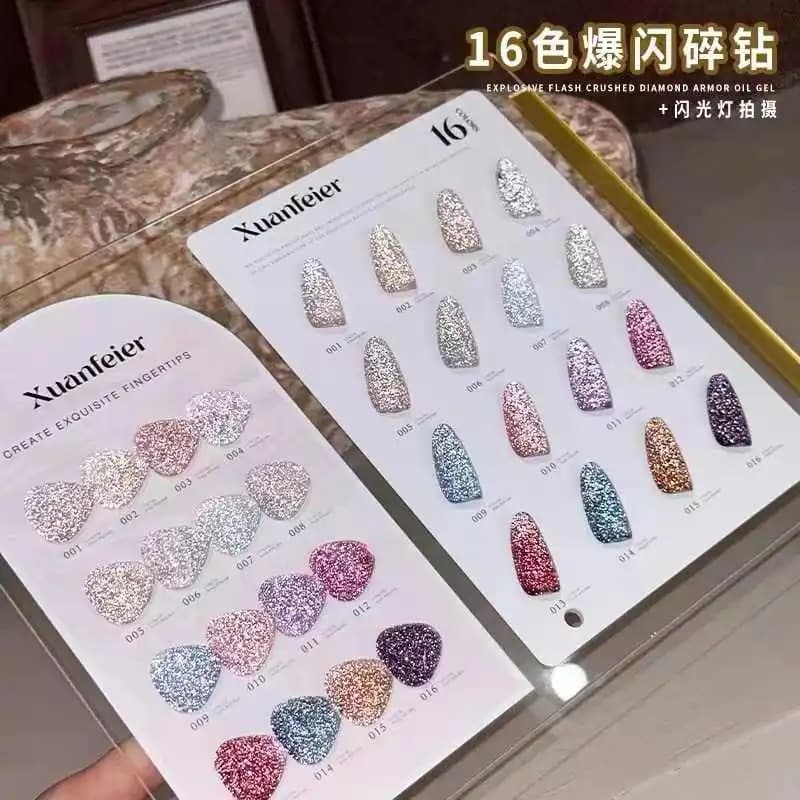 XUANFEIER 16 colori Set di gel per unghie color diamante rotto 2025 Nuova moda Vendita calda Nail art Gel UV non tossico Salone per unghie all'ingrosso