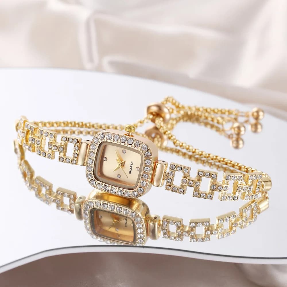 Orologio da donna di lusso con diamanti quadrati Elegante orologio da polso al quarzo con regolazione Orologio da donna in acciaio inossidabile dorato alla moda