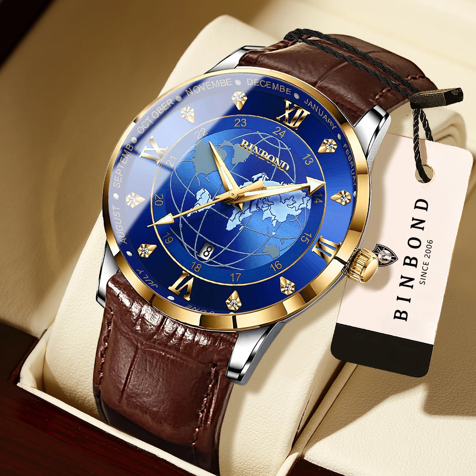 BINBOND Orginal Luxury Quartz Watches For Men Luminous Waterproof Auto Date Men's Watch Casual Reloj Leather Wristwatch Top Gift