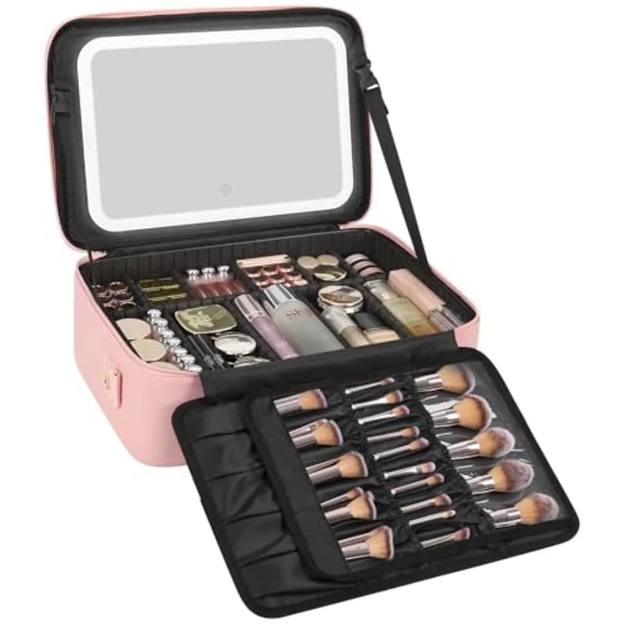 Valigia Trucchi Grande Relavel con Specchio LED Rosa, Organizer Cosmetico da Viaggio con Porta Pennelli Separato e Divisori Rimovibili per M