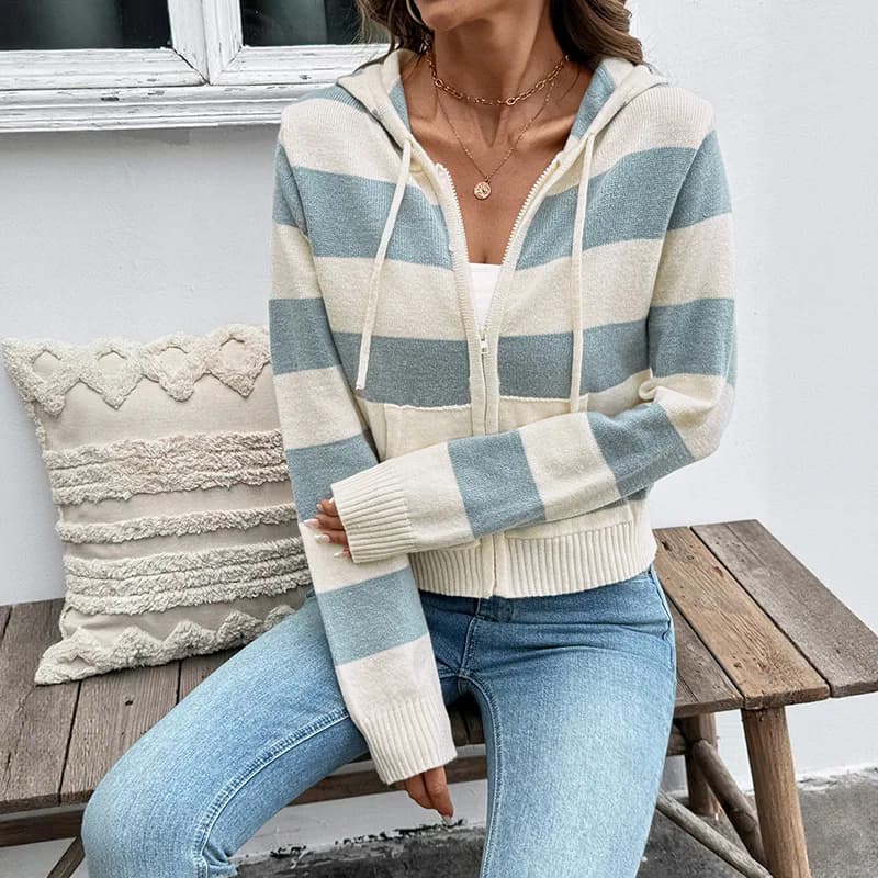 Cardigan Women Sweaters Coats Hooded Zipper Full Sleeve Striped Y2k Streetwear Elegant Jackets Knit Open Stith Autumn Winter