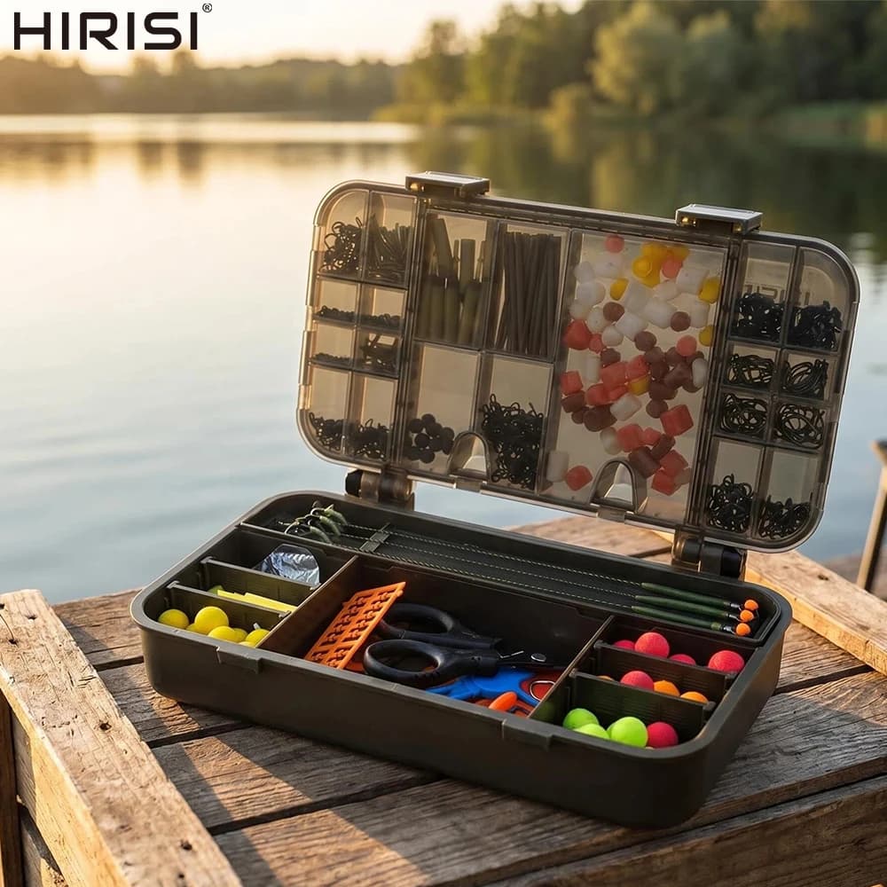 Hirisi Carp Fishing Tackle Kit Multi Compartment Tackle Box with Pop up Boilies Hair Rigs Swivels Carp Terminal Gear for Fishi