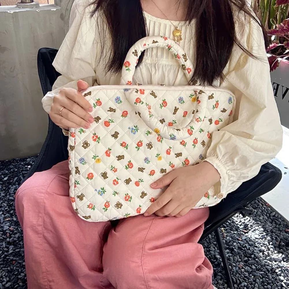 Korean Floral Laptop Bag 14/16 Inch Cartoon Handbag Travel Macbook Air Case Sleeve Fashion Polka Dot Computer Briefcase Bags