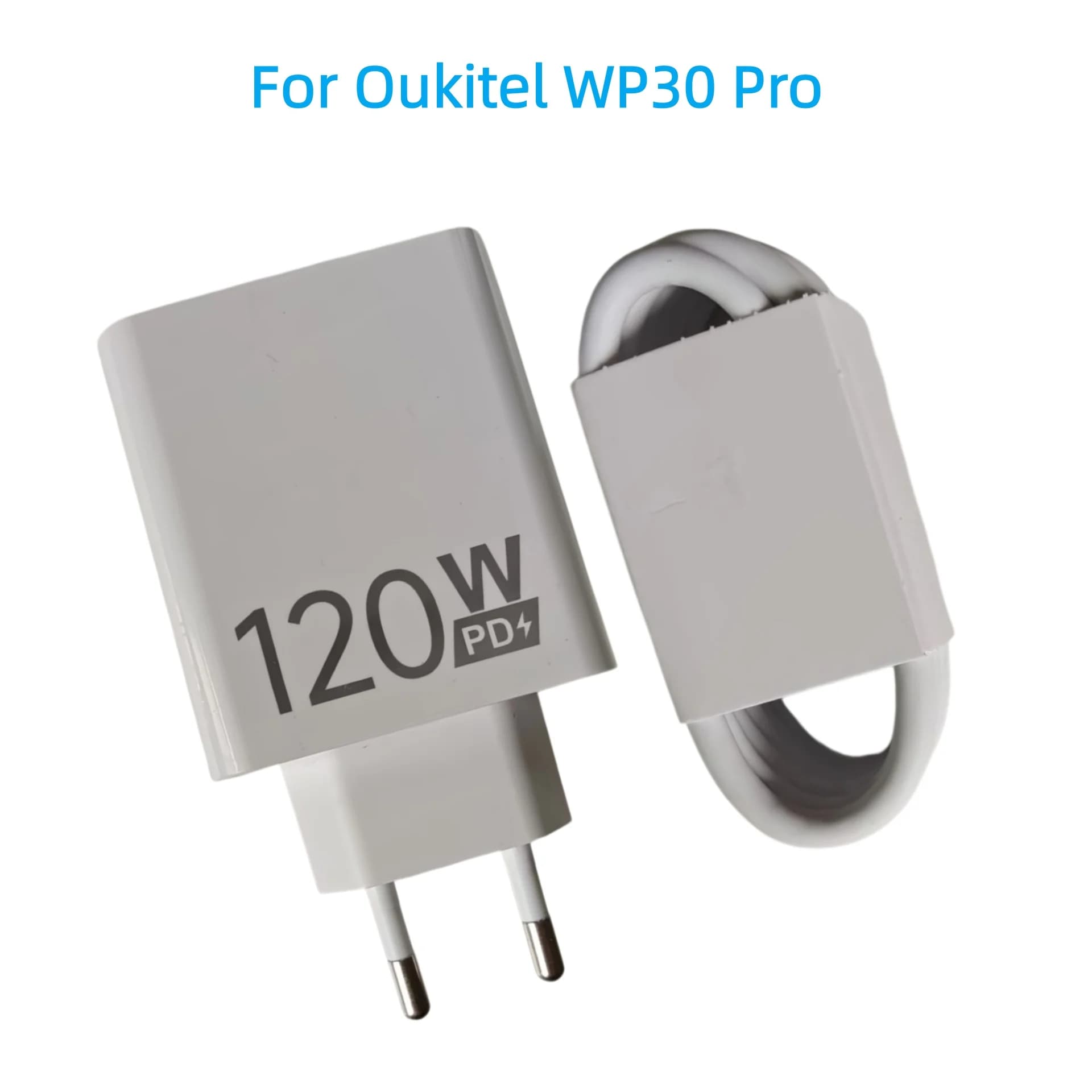 New Oukitel WP30 Cell Phone 120W GaN EU Quick Adaptor Travel Fast Charger EU Plug Adapter +Dual Type C Cable Line