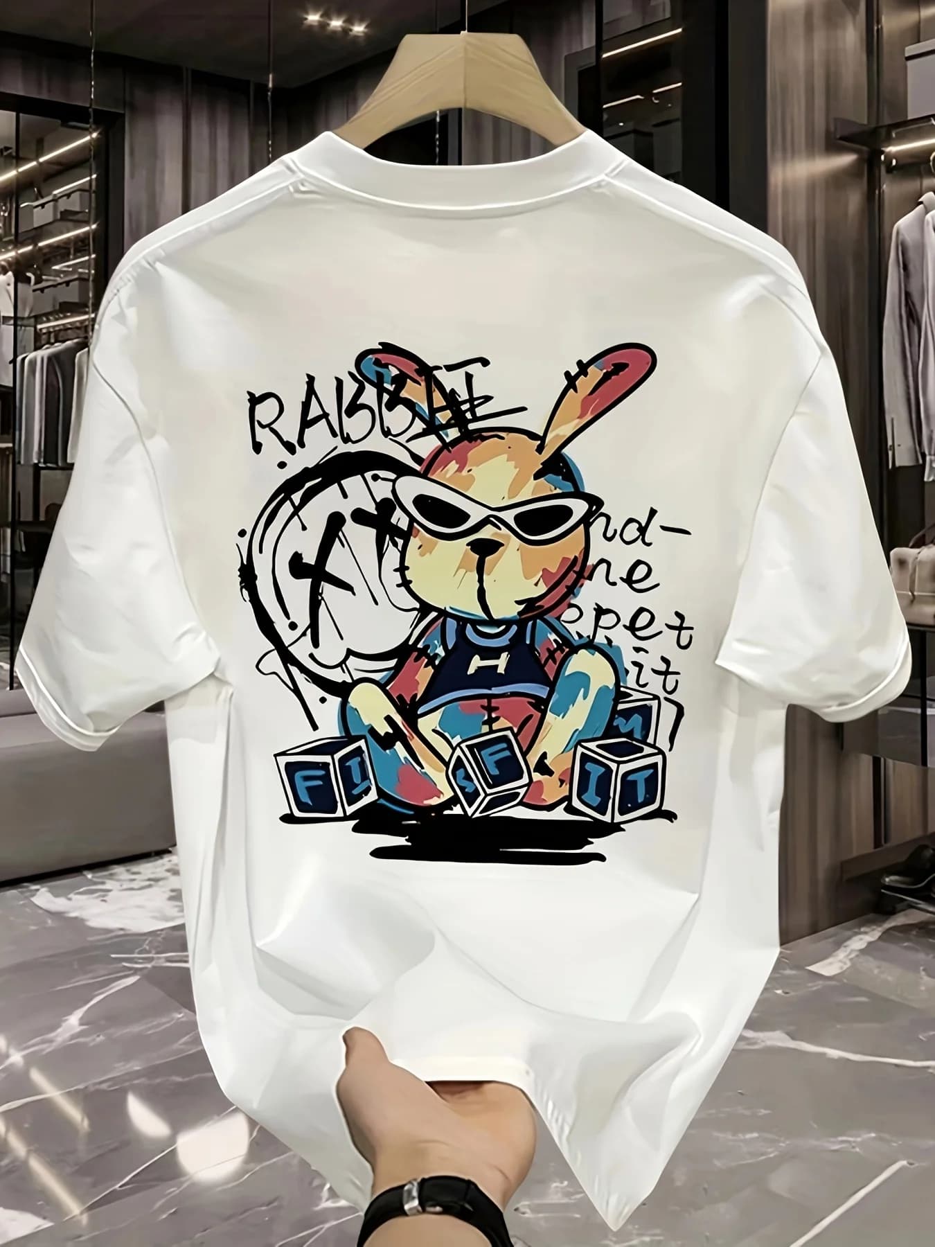 Cool Graffiti Bunny with Sunglasses Graphic Tee Men Breathable 100% Cotton Perfect Summer Streetwear Trendy Funky Cartoon Style