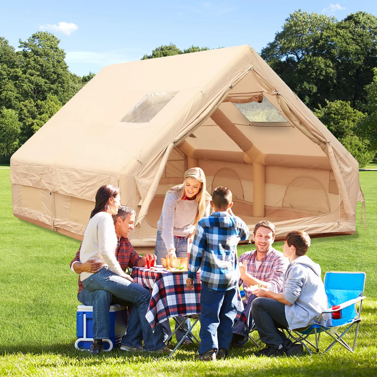 Tende Glamping Gonfiabili con Pompa, Tende da Campeggio Impermeabili e Antivento per Esterni