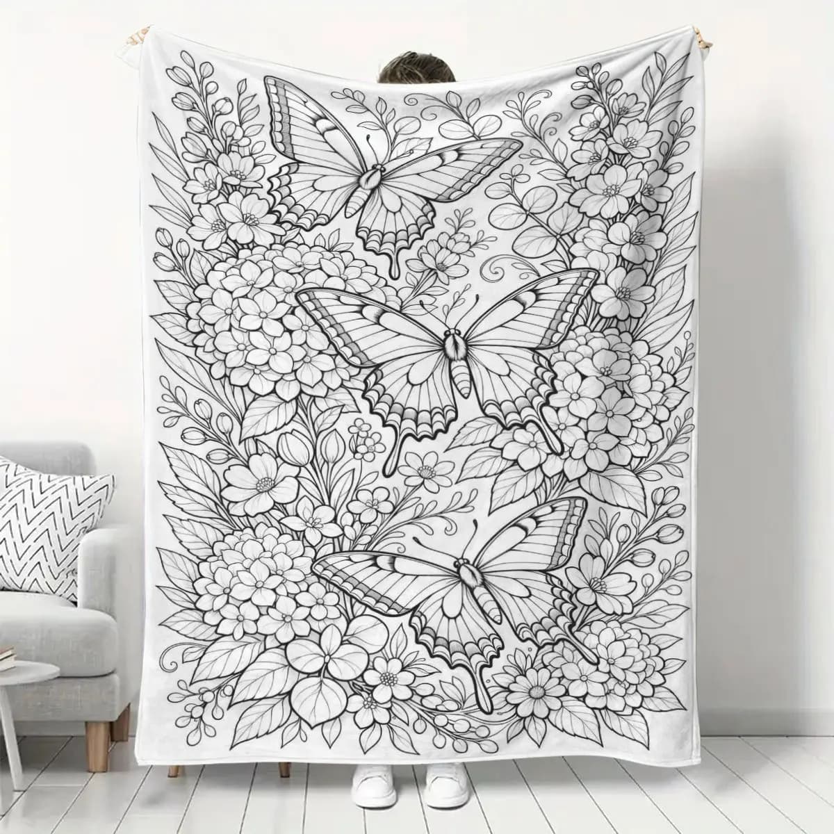 Butterfly Floral Coloring Flannel Blanket, Soft Skin-Friendly Warm Throw for Adults DIY Relax for Couch Bedroom Nap
