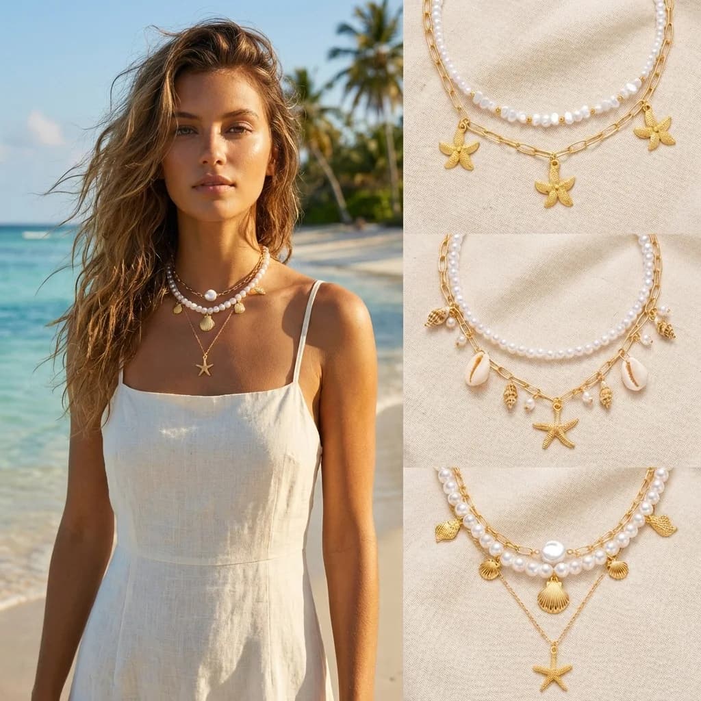Collana multistrato con perle e stelle marine, stile vacanza al mare alla moda, catena per clavicola da donna