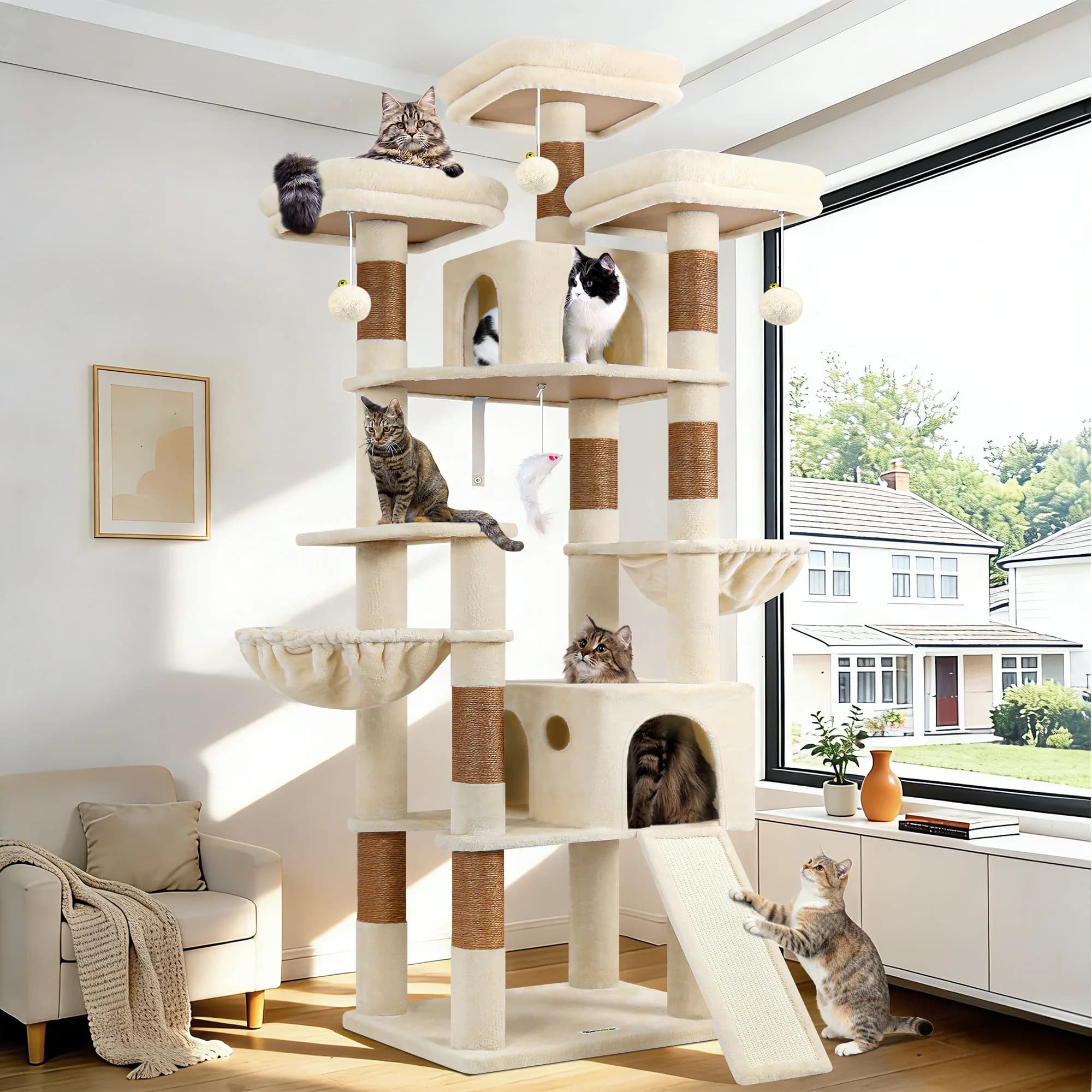 Globlazer 83" Big Cat Tree Tower for 4+ Multiple Large Cats Multi-Level Cat Climbing Activity Center with Sisal Scratching Posts 2 Condos 2 Hammocks 3 Perches Hanging Toys