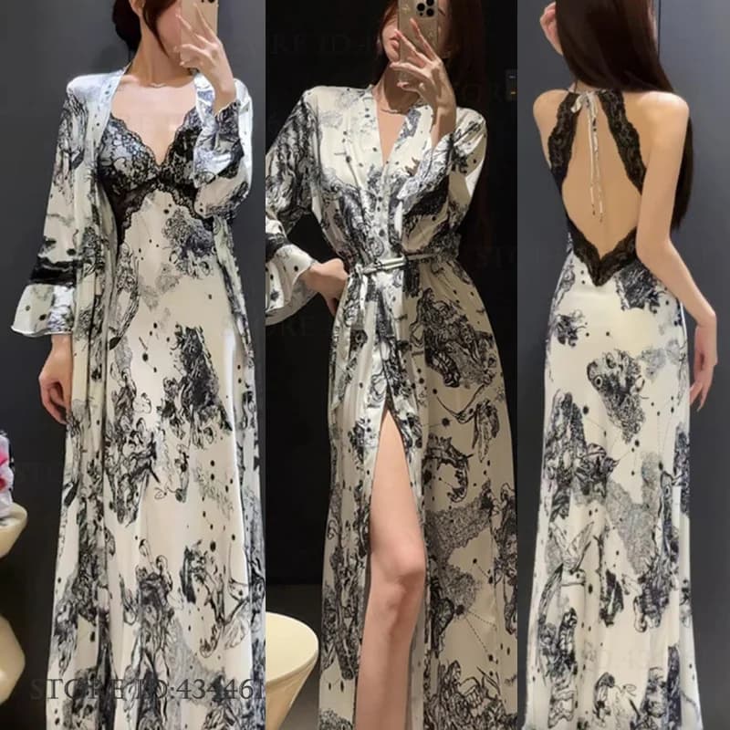 Elegante Set Camicia da Notte Lunga con Stampa Floreale per Donna, Sexy Lingerie con Schiena Scoperta in Pizzo, Nuovo Pigiama Estivo in Raso