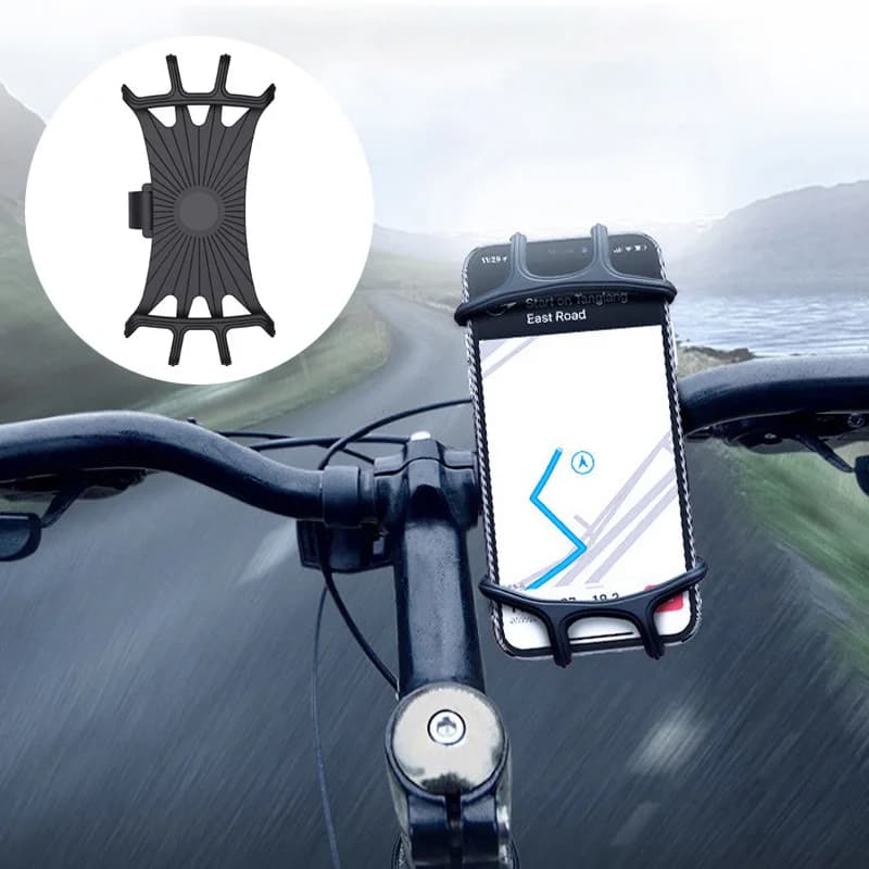 Supporto per cellulare girevole a 360° per bicicletta, moto, in silicone, con sistema a strappo, compatibile con tutti i telefoni.
