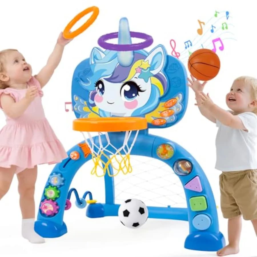 Set Sportivo Unicorno per Bambini: Canestro da Basket e Porta da Calcio con Lancio dell'Anello, Centro Attività per Interni ed Esterni, Giocattolo per 1-3 Anni