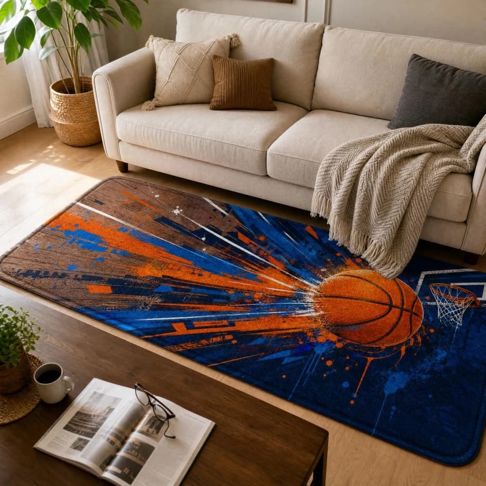 Graffiti Splash Basketball Flannel Rug, Colorful Sport Ball Hoop Print Long Non Slip Foot Mat Indoor Alfombra