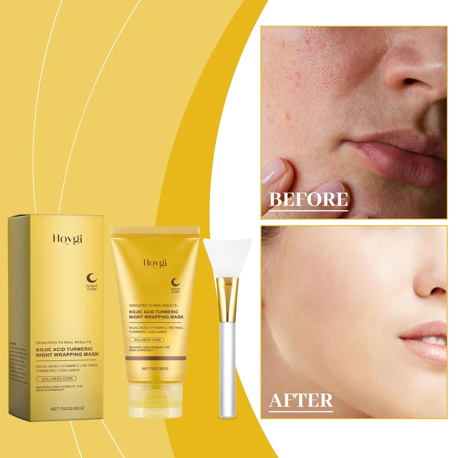 All-Day Care Deep Hydration Turmeric & Collagen Whitening Overnight Wrapping Peel Mask for Face with Jelly Gel Formula and Brush